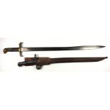 Bayonet with a 46.7cm fullered steel blade indistinctly inscribed, in a metal scabbard, (probably