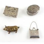 Brass pig vesta case, W.5cm, a Continental bag stamp case, stamped "925", rectangular pill box,