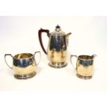 George VI silver 3 piece coffee service comprising coffee pot with bakelite handle and walnut