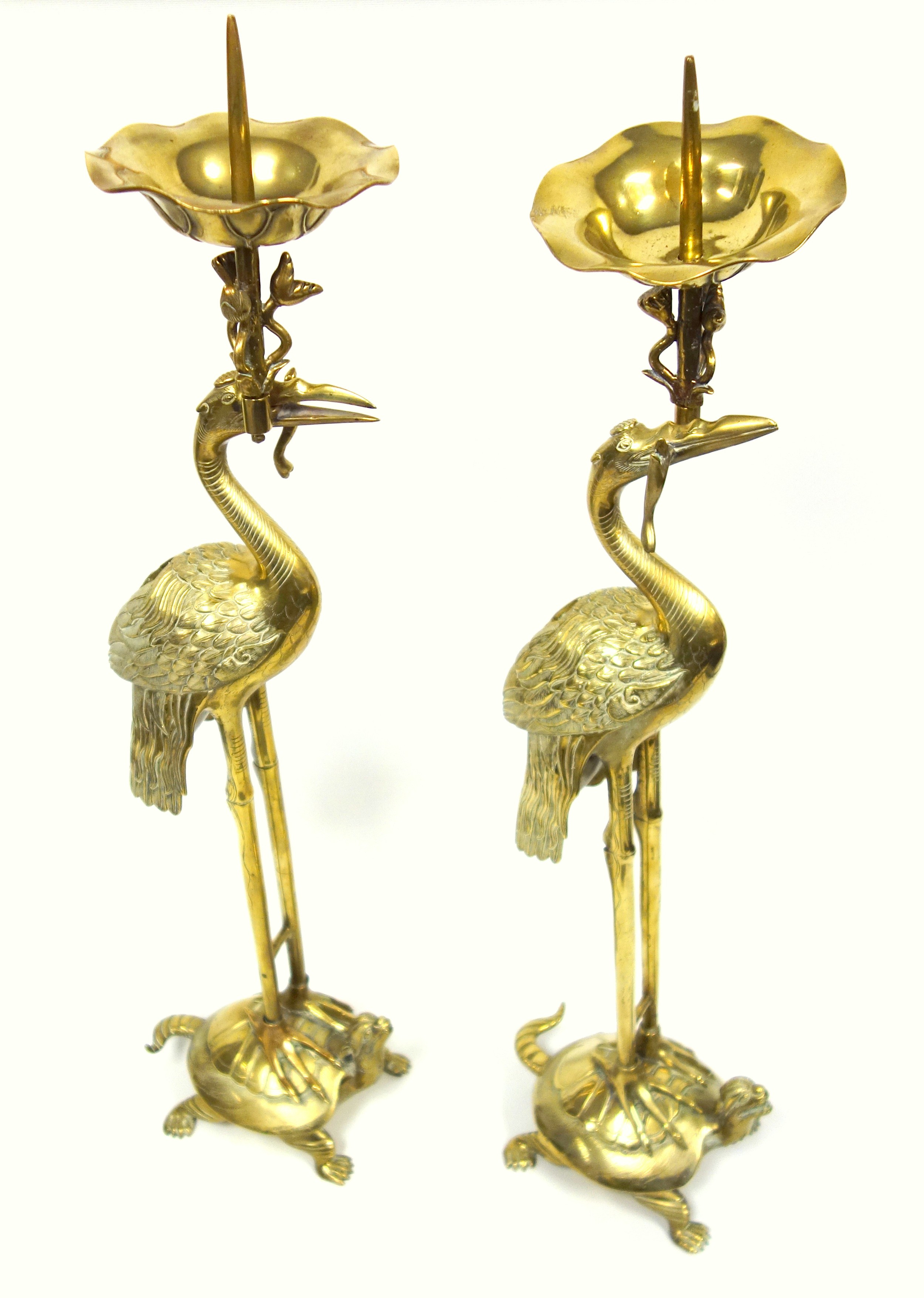 Pair of tall Japanese cranes, each supporting a pricket candle holder and standing on a tortoise, - Image 3 of 5