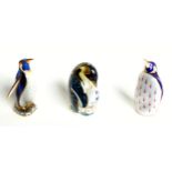 Royal Crown Derby emperor penguin decorated with chick, H.12cm, and 2 other penguins, all with