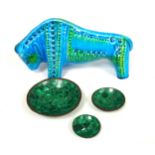 Bitossi style figure of a bull with a blue and green crackle glaze, W.35.5cm, and 3 malachite effect