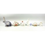 Royal Crown Derby "Starlight Hare", with gold button, H.13.5cm; and 5 rabbits, one without