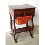 Regency inlaid mahogany work table with a hinged top, drawer and sliding bag below, and under