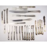 Silver handled carving knife and fork by G Harrison, Sheffield, 1939; 2 sets of 5 silver handled tea