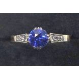 18ct gold ring set blue stone flanked by 3 diamonds each side, gross 1.9grs, cased. (2)