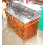 19th century German walnut washstand with a black and white veined marble top with shelf above, 2