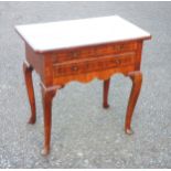 George II inlaid walnut lowboy, the quartered top with inverted corners, 2 short and 1 long drawer