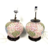 Pair of Chinese vases decorated with leaves and feathers in polychrome enamels, both on stands,