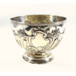 Late Victorian silver rose bowl, with triple banded rim, vacant central rococo cartouche flanked