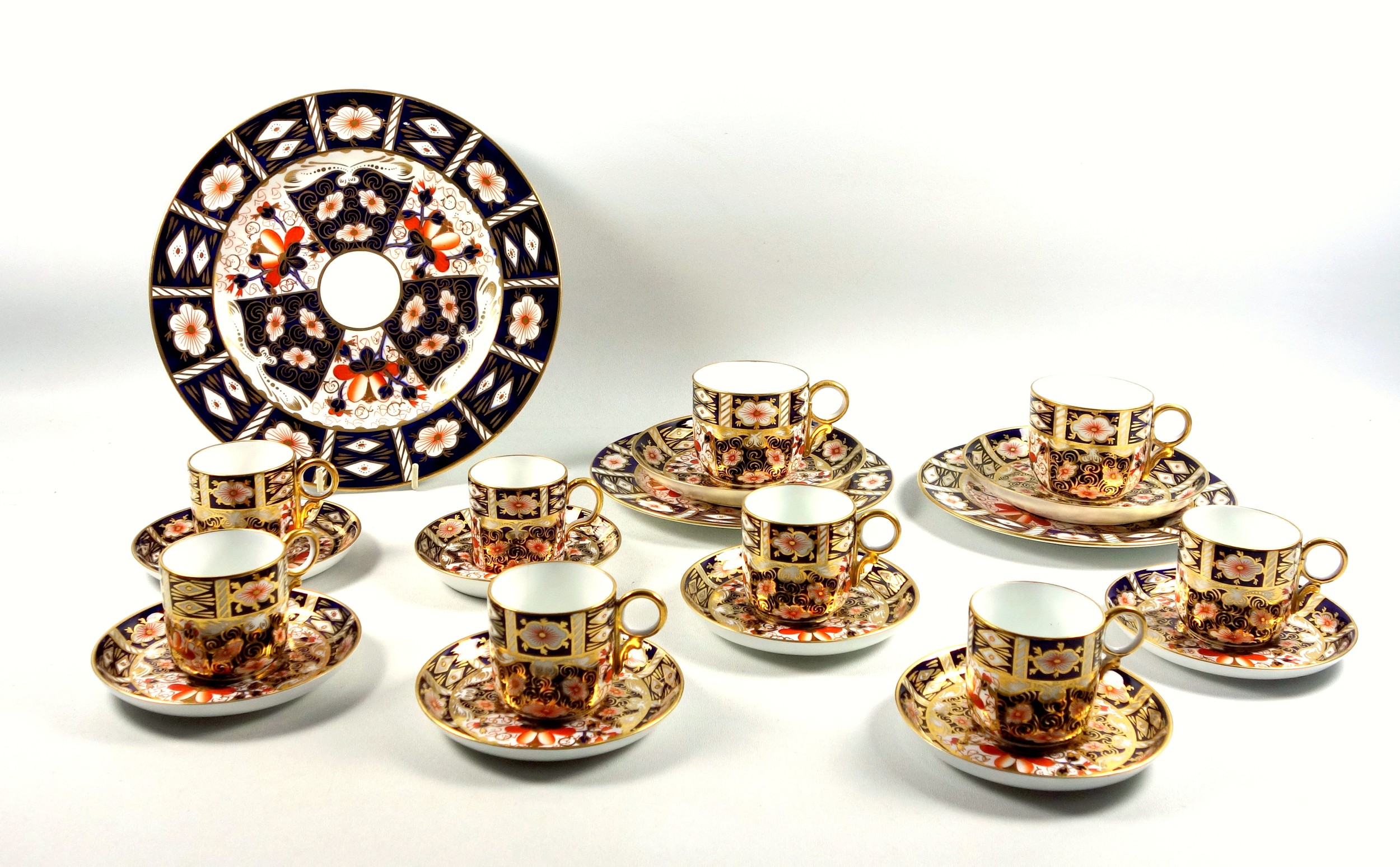 2 Royal Crown Derby bone china Imari pattern trios, 6 coffee cups and saucers, a coffee can and
