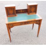 Edwardian inlaid rosewood writing table with 2 panelled doors joined by a central panel above, 2