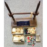 Sewing frame, sewing W.43cm; selection of needles in a roll, coloured silk threads, tapes, thread