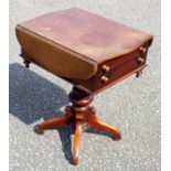 George IV mahogany work table, the shaped serpentine top with 2 drop leaves, drawer with a double