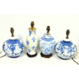 Pair of ceramic blue and white floral spherical table lamps, H.29.5cm, (1 a/f), baluster lamp, H.