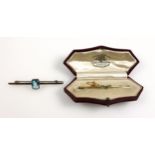 George V 9ct gold bar brooch set 2 aquamarines, with safety chain, by W B S, Chester, 1922, L.5.4cm,