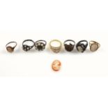 9ct gold ring set carved shell cameo of a girl, 9ct and silver cameo ring of a young woman, 3.