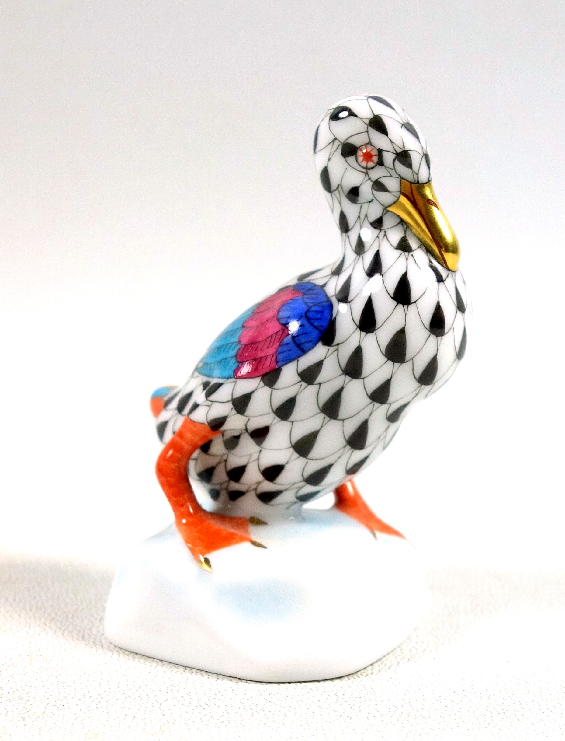 Herend porcelain duck, with black feather tips, tricolour wings and gold highlights, signed to the - Image 2 of 7