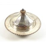George V silver circular muffin dish with a bead and tooth style rim, liner, and dodecagonal domed