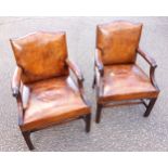 Pair of George III style mahogany open armchairs, each with down swept arms, on moulded chamfered