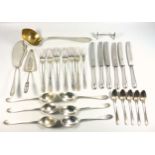 Part suite of German white metal cutlery, each with a decorated handle, comprising 6 table forks,