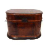 Oriental lacquered box with rounded ends, the hinged cover disclosing a brown velvet lined interior,