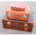 Harrods Pukka Luggage canvas and leather mounted trunk with an interior tray, 34 x 84 x 51cm; Rev