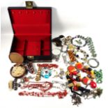 Bead and other necklaces, bracelets, and other costume jewellery, in a jewel box, W.28cm. (a lot)
