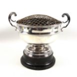 Silver circular rose bowl with 2 scroll handles, waisted column, stepped circular base, with a