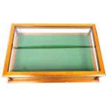 Mahogany rectangular tabletop display case with glazed panels and hinged top, 15.2 x 65.2 x 41.5cm
