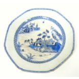 Large 19th century Chinese hexagonal plate decorated in underglaze blue with a landscape scene