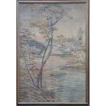 Large Japanese silk long-stitch needlework panel with buildings and a Torri in a wooded landscape,
