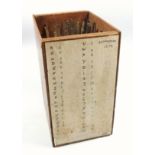 Wooden box containing 38 gold finishing hand tools comprising complete alphabet, numbers 0-9,