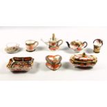 Royal Crown Derby Imari pattern miniature items including 2 covered boxes, teapot, watering can, 3