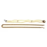 9ct gold rope twist necklace, L.40cm, 5.8grs, and a cultured pearl double row bracelet with a 9ct