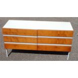 Opus 22 teak and white finish chest with 2 banks of 3 drawers, 61 x 119.5 x 43cm; box top with 2