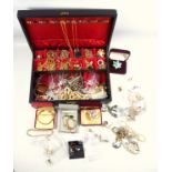 Jewel box containing pink coral bead necklace, gilt metal and other necklaces, bracelets,