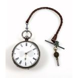 Victorian silver pocket watch with a white enamelled dial, Roman numerals, enclosing a key wind