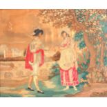 18th century needlework depicting a gentleman offering his hand to a farmgirl on the edge of a