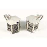 Matched pair of Victorian silver hexagonal mustard pots, with all round pierced decoration, S-scroll