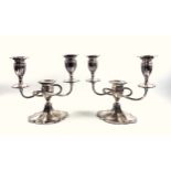 Pair of silver 3 light candelabra with reeded shaped oval nozzles, reeded capitals and reeded scroll