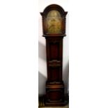 George V longcase clock with an arched brass dial inscribed "Tempus Fugit" enclosing a German 8