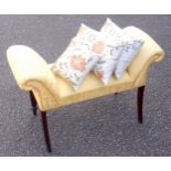 Window seat with 2 scroll ends upholstered in classical bird motif gold damask, on mahogany reeded