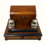 Victorian burr walnut desk stand with a stationery box above, 2 wells, pen tray and drawer below, on