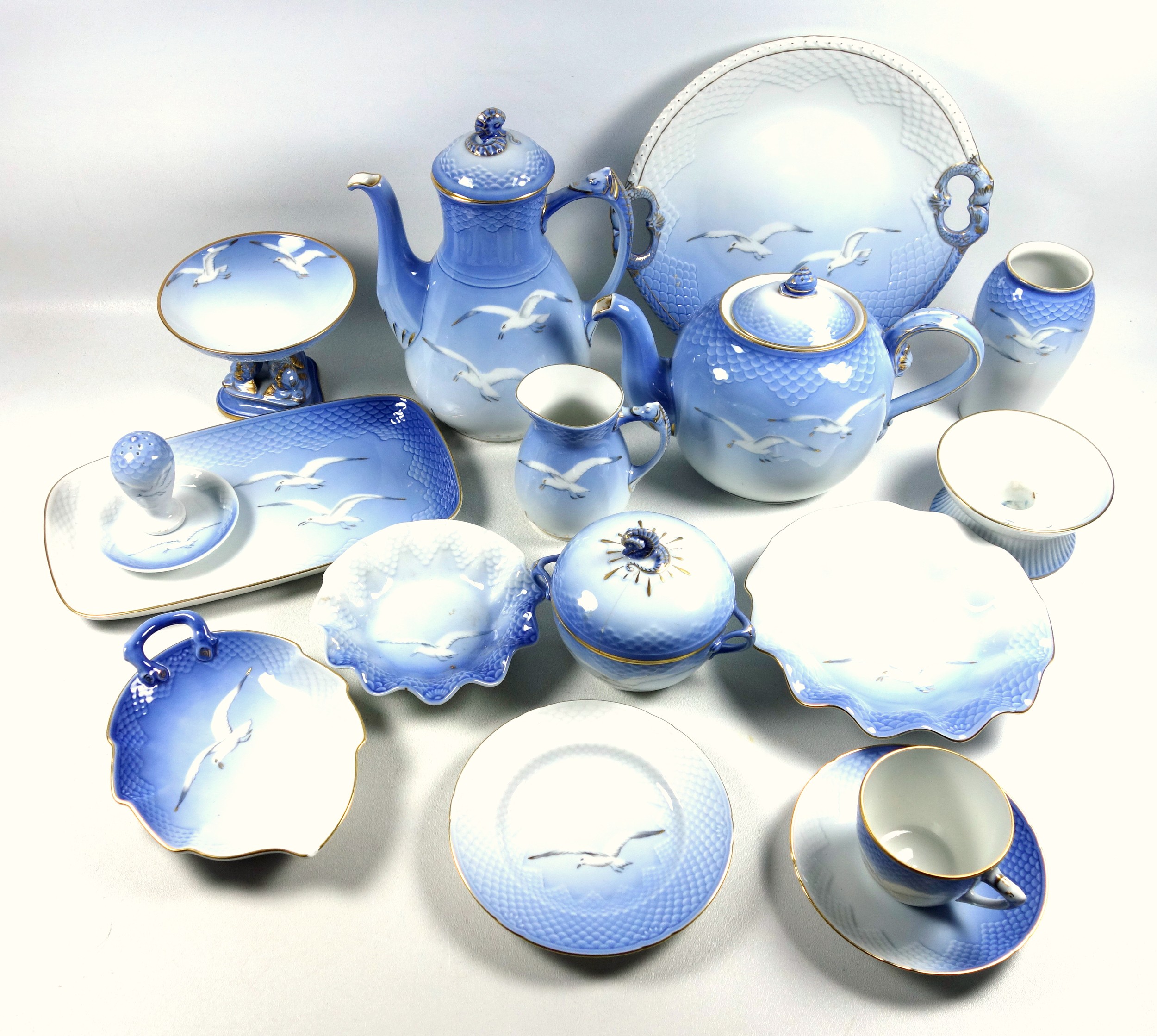 Bing & Grondahl porcelain "Seagull" pattern part tea and coffee set comprising, oval teapot, H.16cm;