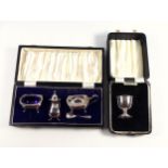 Elizabeth II silver 3 piece cruet of moulded form with a gadrooned rim, comprising a mustard pot,