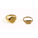 18ct gold signet ring with monogram "H V J", Birmingham, 1926, 7.6grs, (cut), and a 9ct signet ring,
