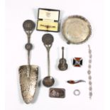 Continental silver oval bar brooch set stones, stamped "900", cased; Maltese cross brooch set