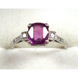 Art Deco platinum ring set ruby (ruby size 7 x 6 x 4mm approx.) and 2 diamonds, size P, 4grs