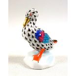Herend porcelain duck, with black feather tips, tricolour wings and gold highlights, signed to the